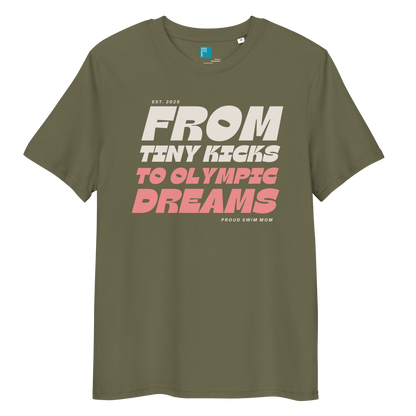 Khaki organic cotton t-shirt for swim moms with "FROM TINY KICKS TO OLYMPIC DREAMS" and "PROUD SWIM MOM" text, displayed on a transparent background