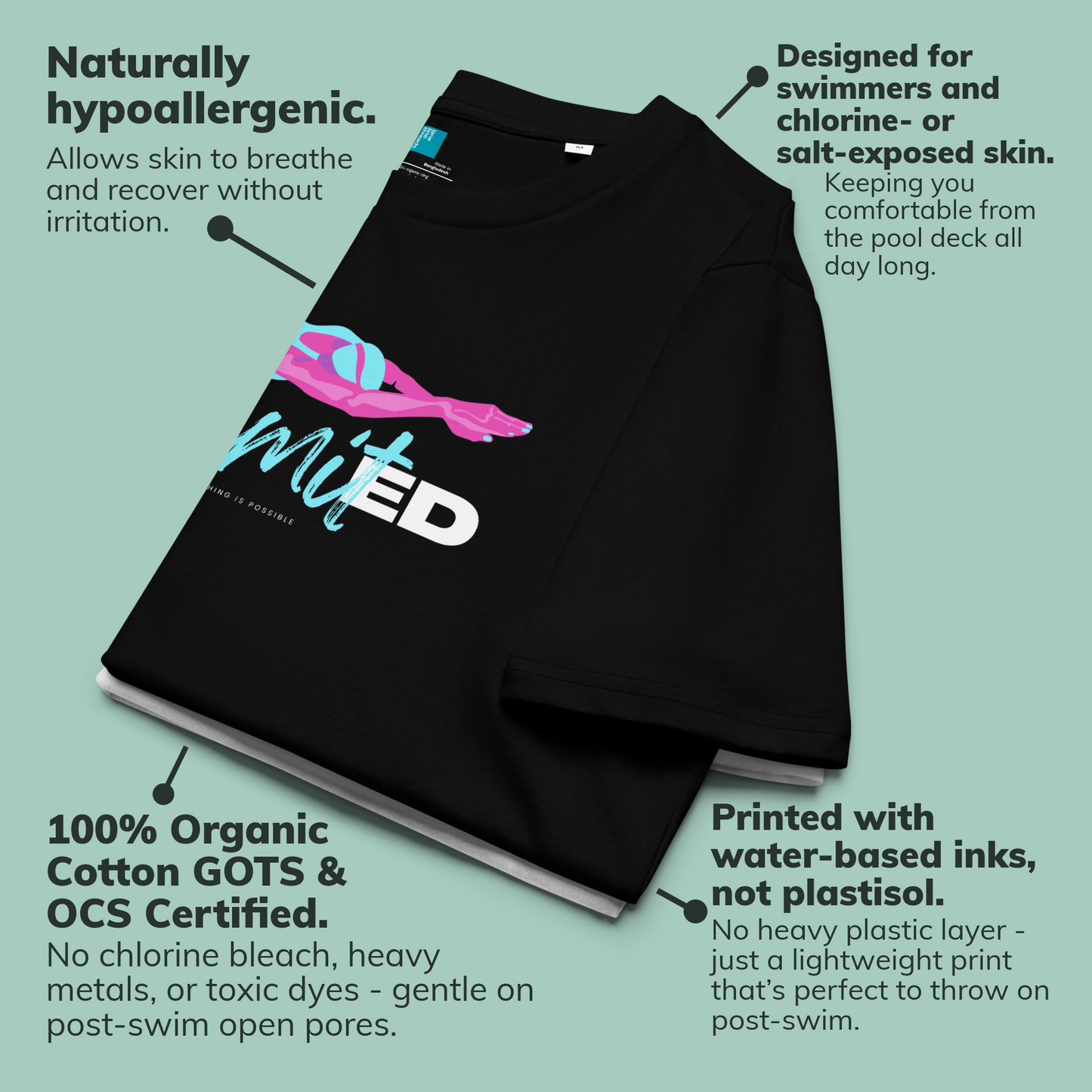 Black organic cotton tee for swimmers with sensitive skin with swim-themed design on a light green background with text about its features.