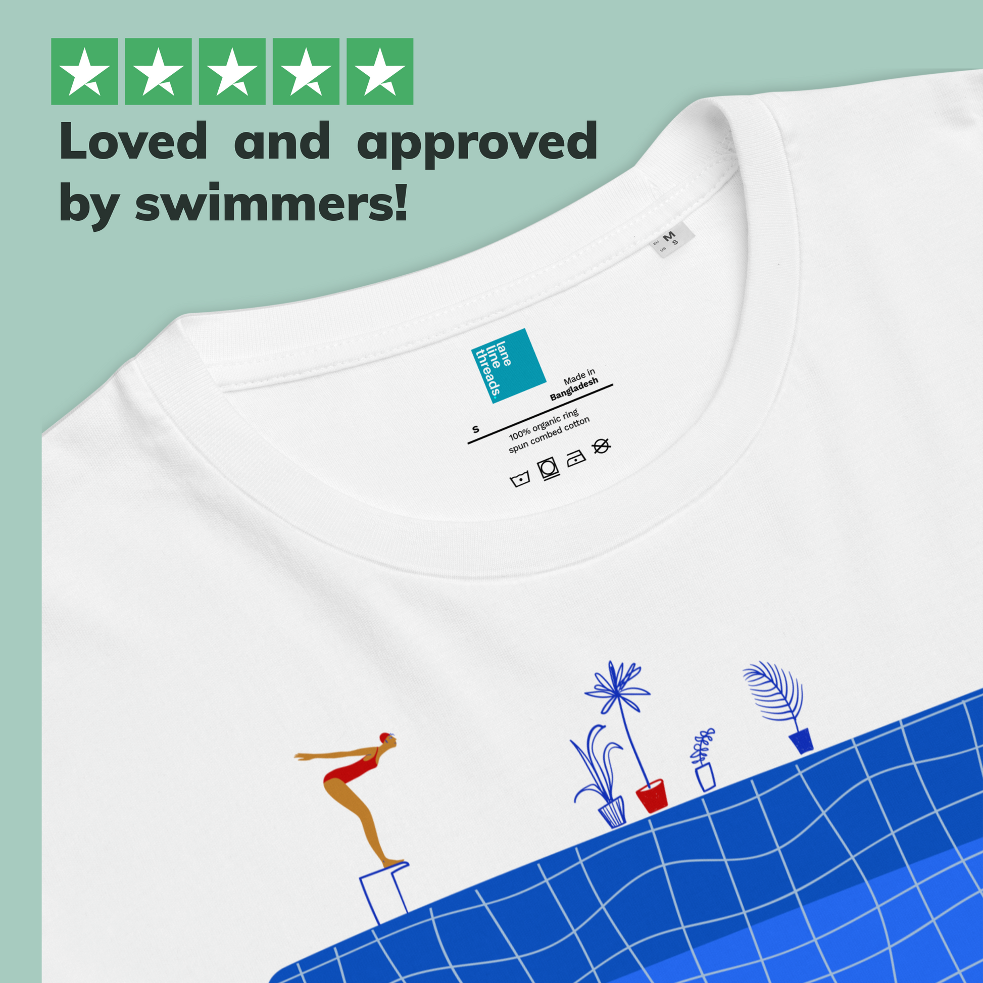White organic swim shirt with pool design and text 'Loved and approved by swimmers!' on a green background