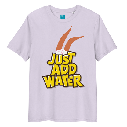 Lavender organic cotton t-shirt with cartoon swimmer legs and bold text “Just Add Water,” eco-friendly funny swim shirt for swimmers and swim parents
