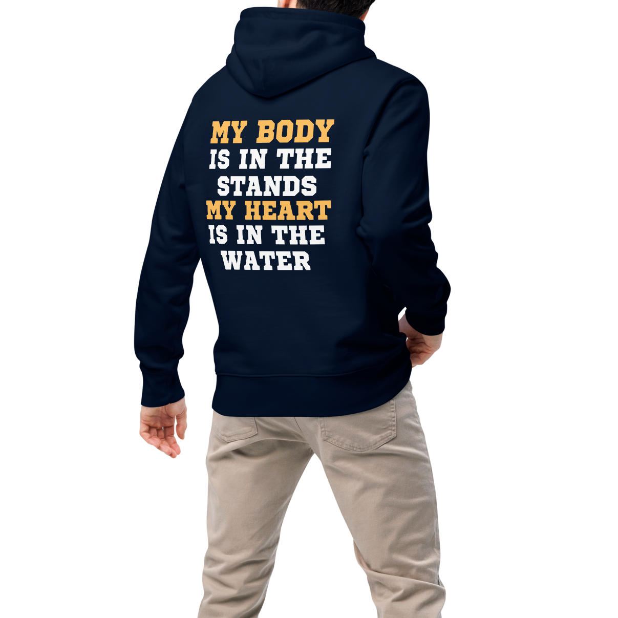 Person wearing a swim parent organic hoodie with bold gold and white varsity text reading "My Body Is In The Stands My Heart Is In The Water" — Lane Line Threads