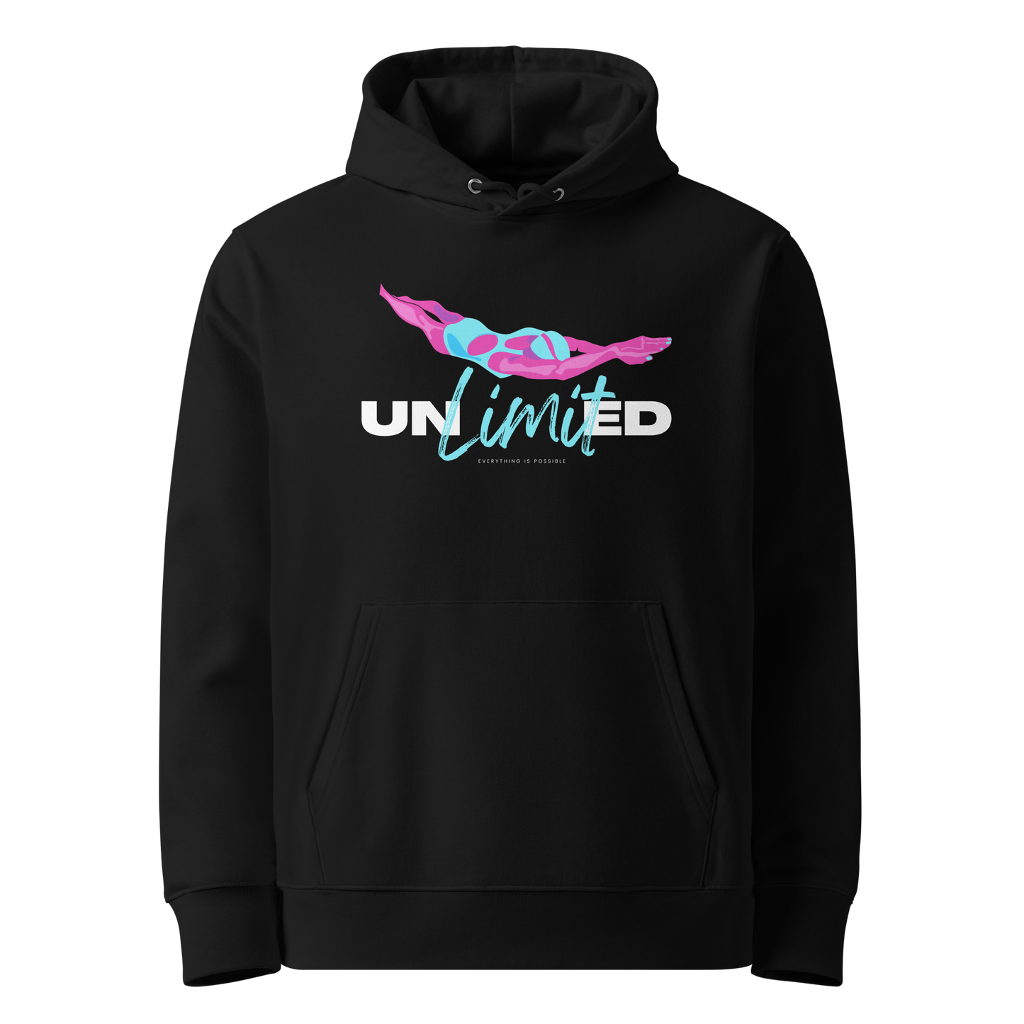 Black post‑swim organic hoodie with colorful “UNLimited – Everything Is Possible” graphic in pink, blue, and white; certified 100% cotton fabric ideal for swimmers after training.