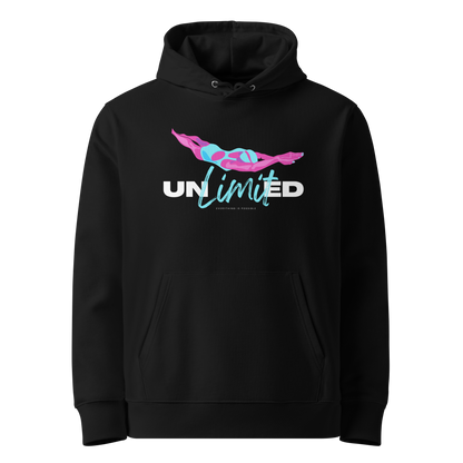 Black post‑swim organic hoodie with colorful “UNLimited – Everything Is Possible” graphic in pink, blue, and white; certified 100% cotton fabric ideal for swimmers after training.