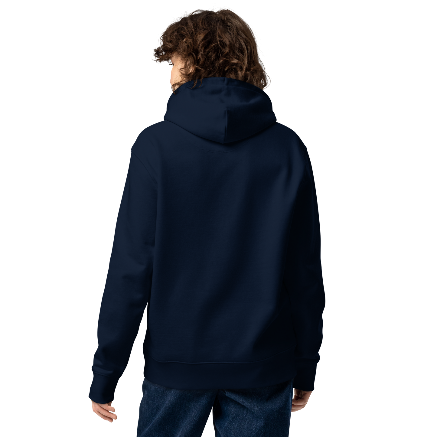 Person wearing a navy-blue post swim organic hoodie on a white background