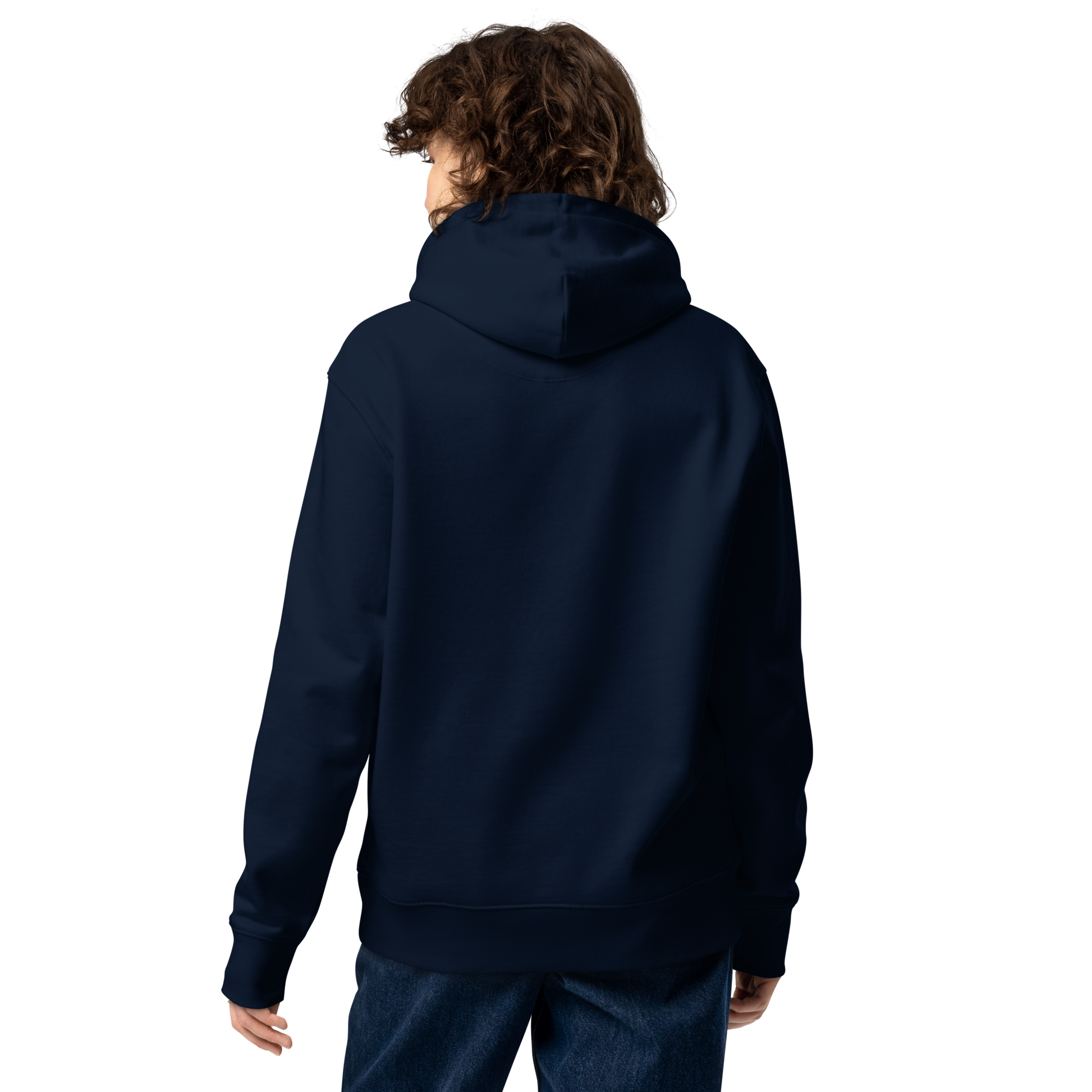 Person wearing a navy-blue post swim organic hoodie on a white background