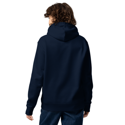 Person wearing a navy-blue post swim organic hoodie on a white background