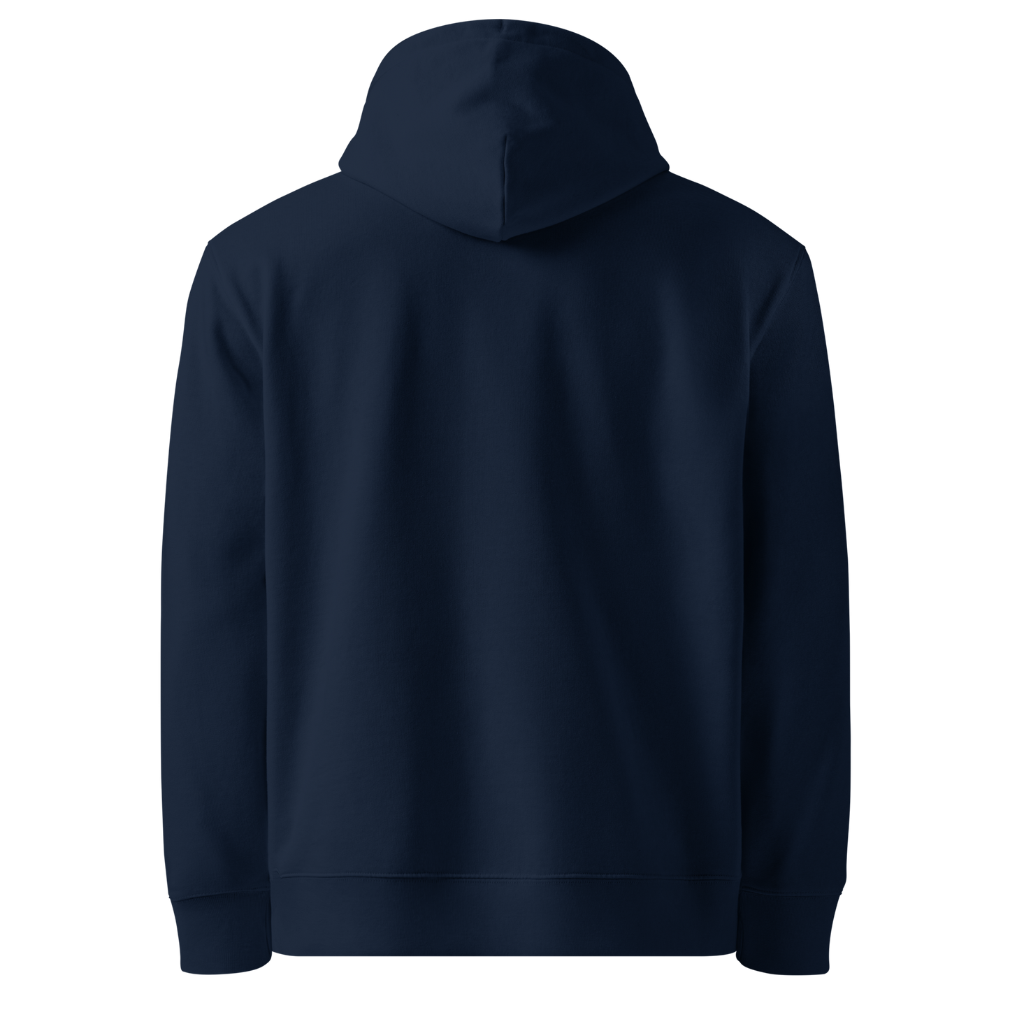 Navy blue organic hoodie shown from the back on a white background