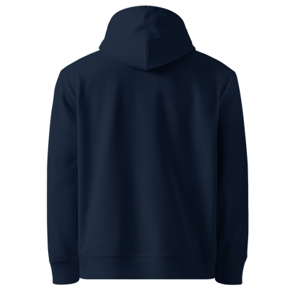Navy blue organic hoodie shown from the back on a white background