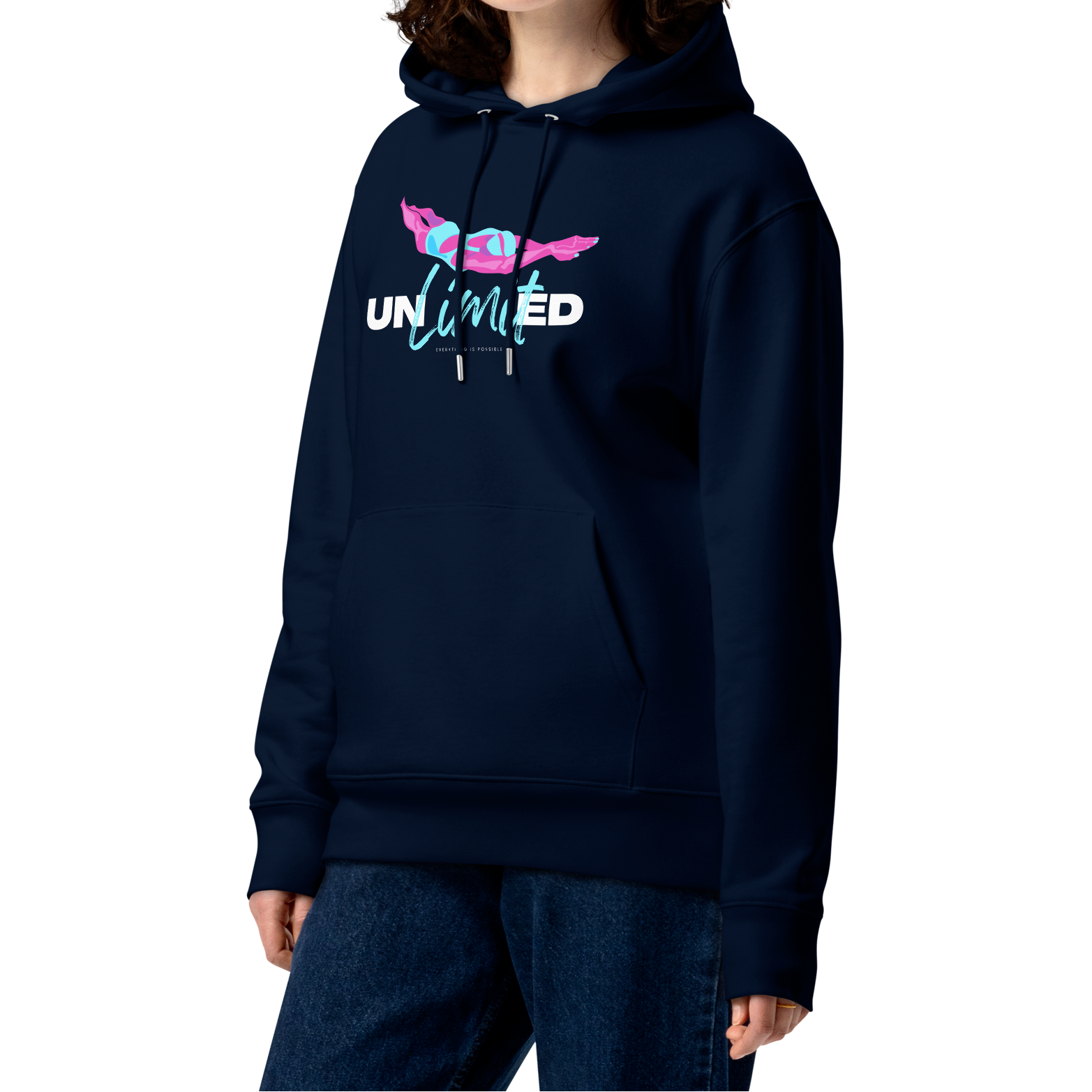 Person wearing a navy certified post swim organic hoodie with colorful text and swim themed graphics on a white background