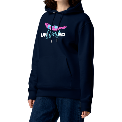 Person wearing a navy certified post swim organic hoodie with colorful text and swim themed graphics on a white background