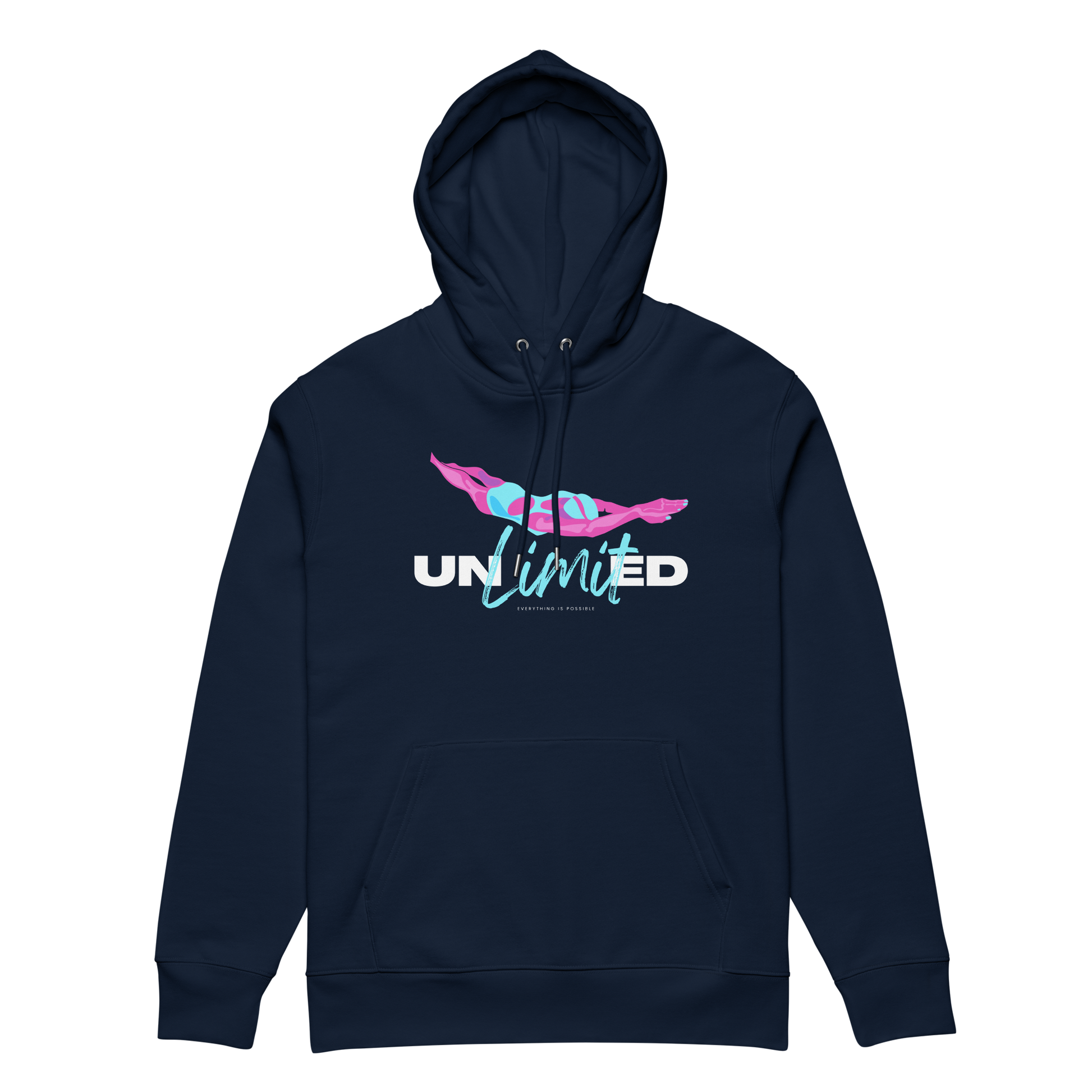 Navy post‑swim organic hoodie with colorful “UNLimited – Everything Is Possible” swim themed graphic in pink, blue, and white; certified 100% cotton fabric ideal for swimmers after training.