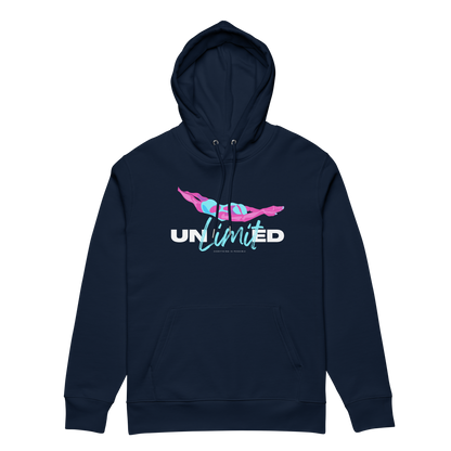 Navy post‑swim organic hoodie with colorful “UNLimited – Everything Is Possible” swim themed graphic in pink, blue, and white; certified 100% cotton fabric ideal for swimmers after training.