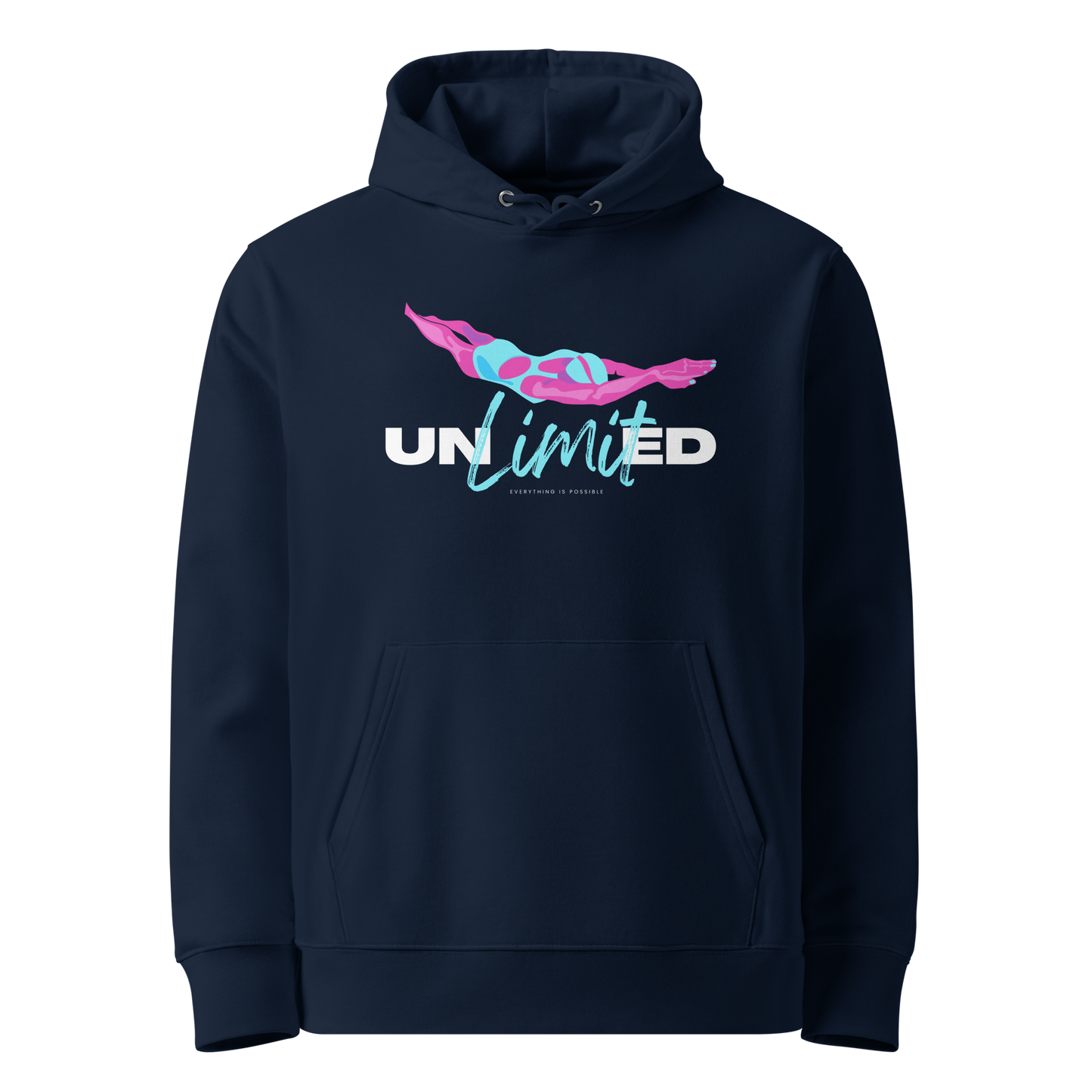 Navy post‑swim organic hoodie with colorful “UNLimited – Everything Is Possible” graphic in pink, blue, and white; certified 100% cotton fabric ideal for swimmers after training.