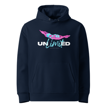 Navy post‑swim organic hoodie with colorful “UNLimited – Everything Is Possible” graphic in pink, blue, and white; certified 100% cotton fabric ideal for swimmers after training.