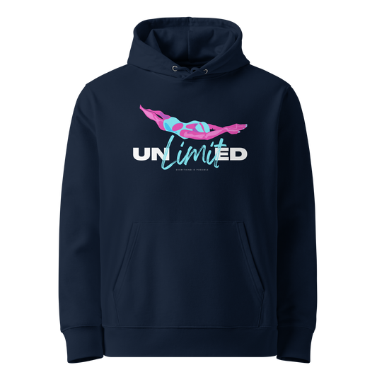 Navy post‑swim organic hoodie with colorful “UNLimited – Everything Is Possible” graphic in pink, blue, and white; certified 100% cotton fabric ideal for swimmers after training.