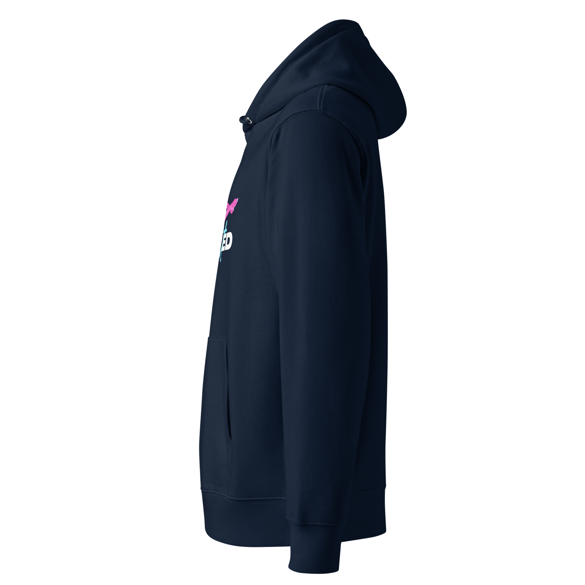 Navy certified organic hoodie with a Lane Line Threads brand logo showing from the left side on transparent background