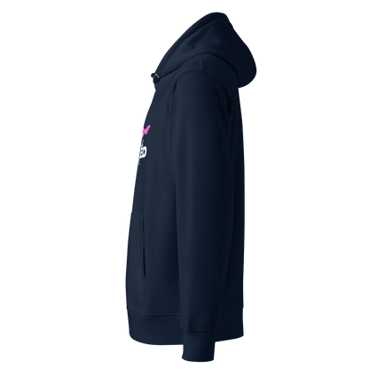 Navy certified organic hoodie with a Lane Line Threads brand logo showing from the left side on transparent background