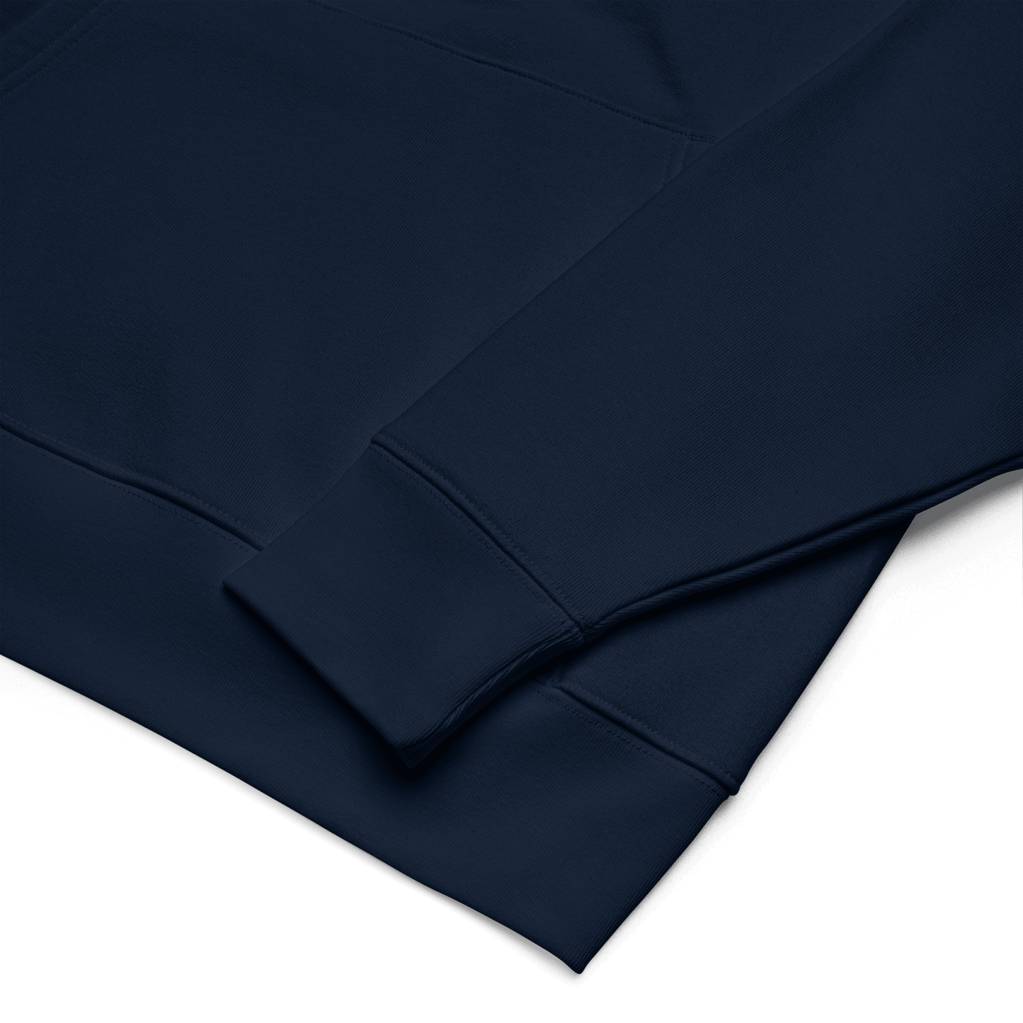Navy blue organic hoodie fabric with a subtle texture on a white background