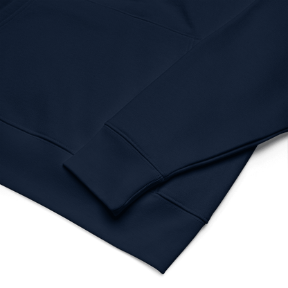 Navy blue organic hoodie fabric with a subtle texture on a white background