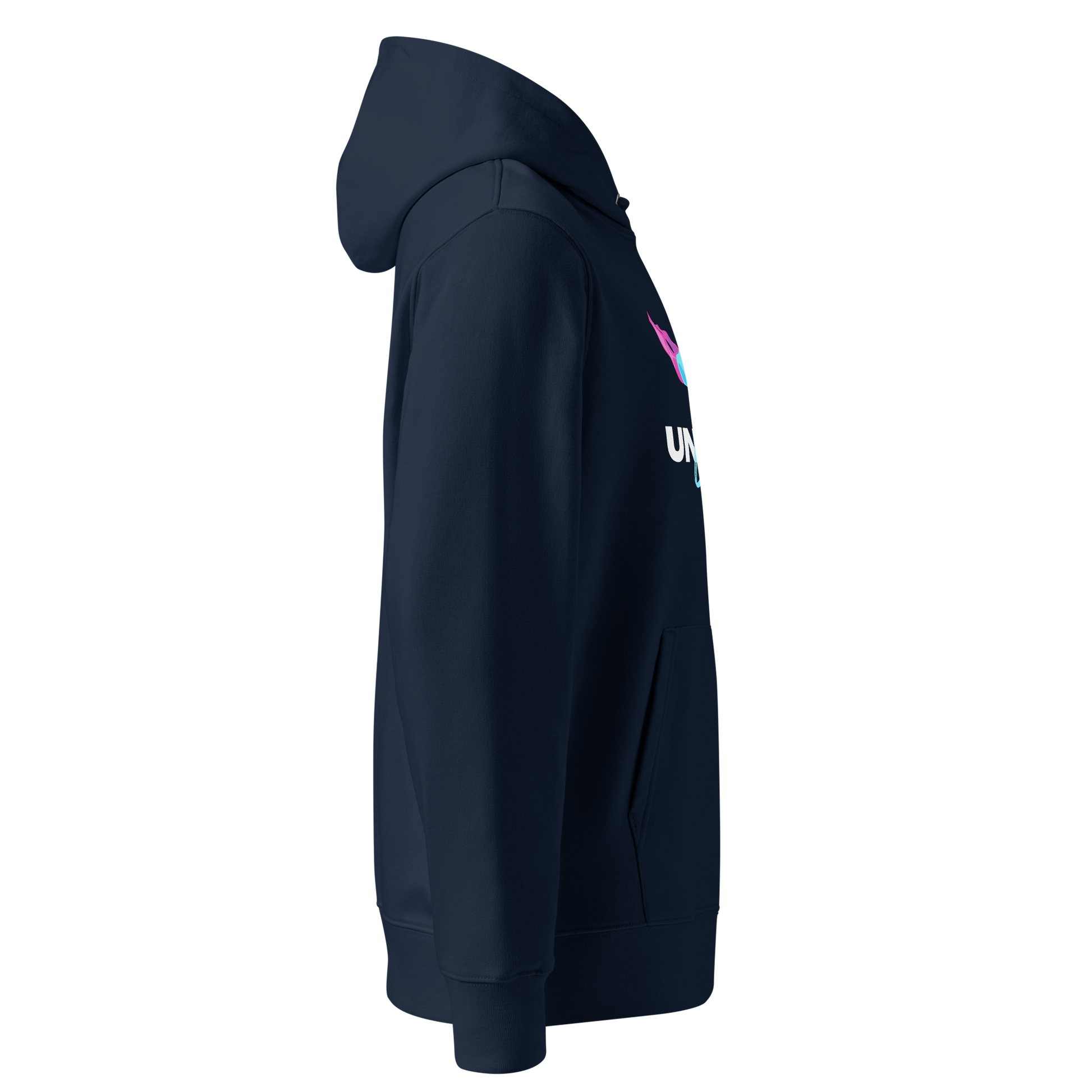 Navy blue certified organic hoodie with swim themed graphic on a chest showing from the right side against a white background