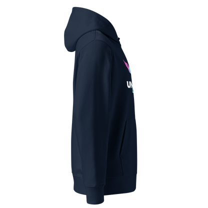 Navy blue certified organic hoodie with swim themed graphic on a chest showing from the right side against a white background