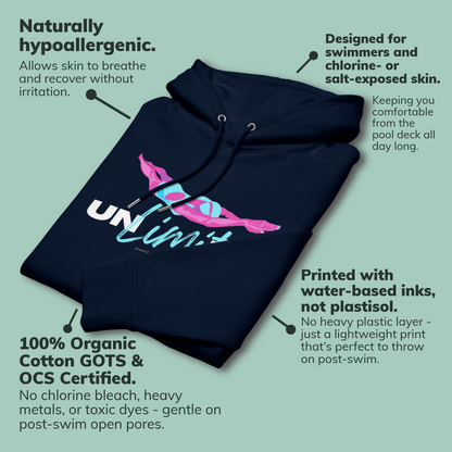 Navy certified post swim organic hoodie with a colorful swim themed graphic of a swimmer on a light green background, featuring text about the hoodie's features
