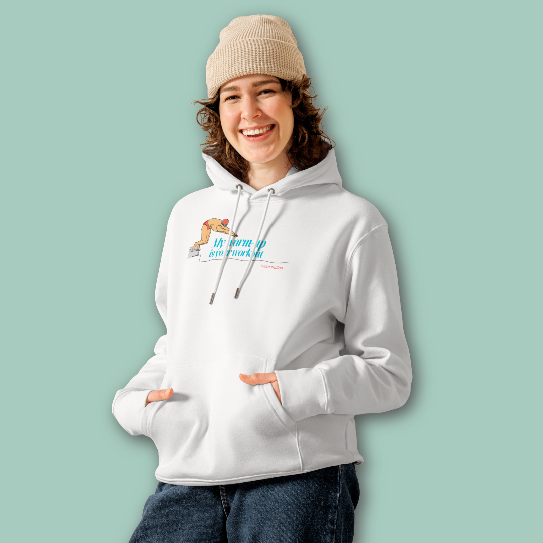 Woman wearing a white post swim organic hoodie with a Lane Line Threads logo and swim themed text on a light green background