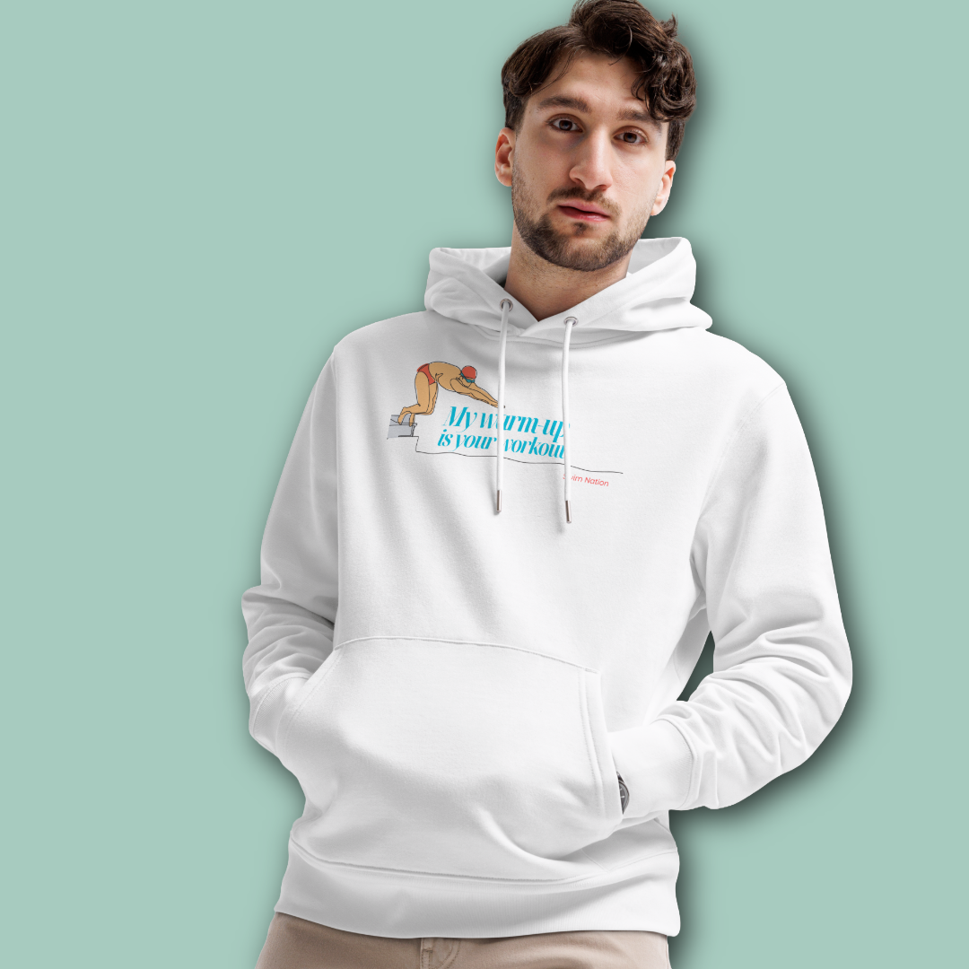 Man wearing a white post swim organic hoodie with a swim themed graphic design on a light green background