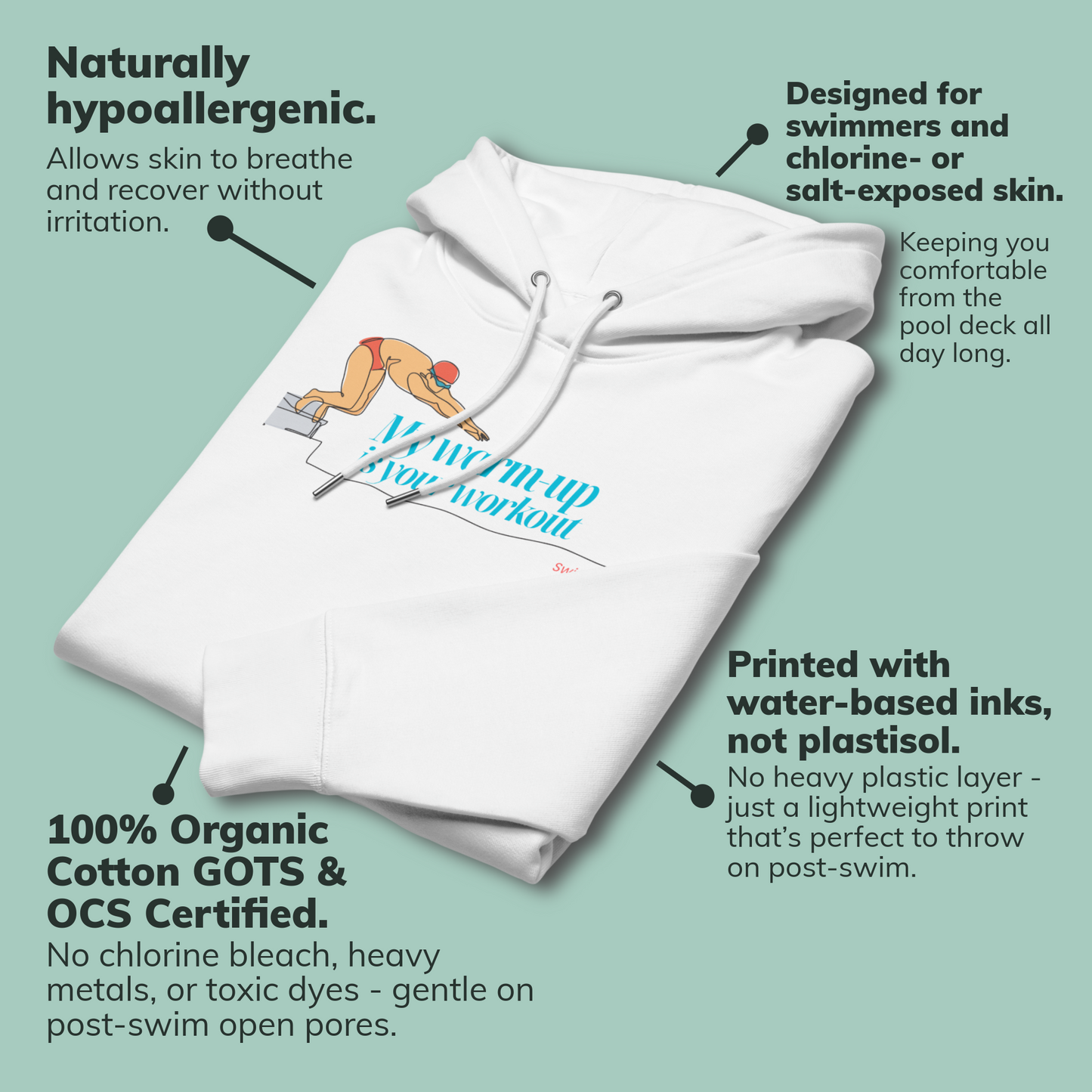 White post swim organic hoodie with swimmer graphic and text about its features on a light green background