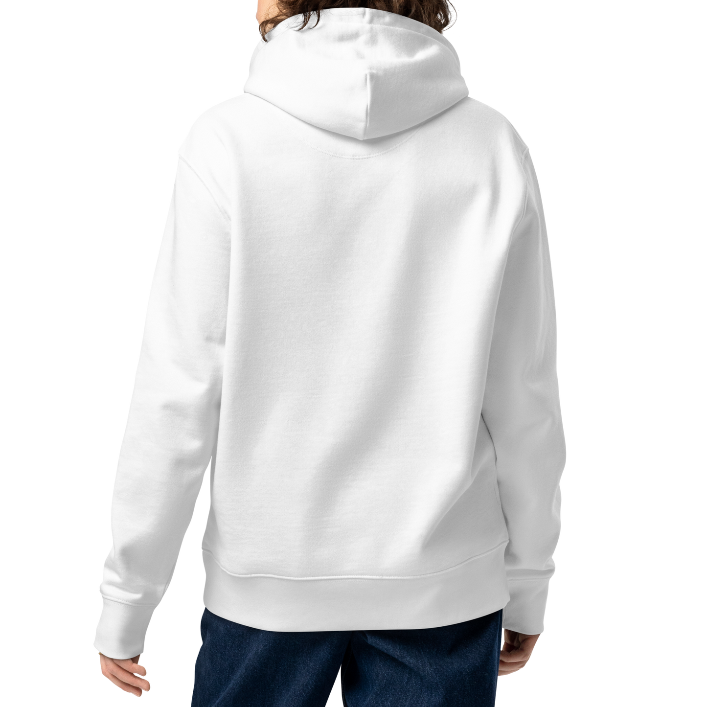 Person wearing a white organic hoodie for swimmers on a white background