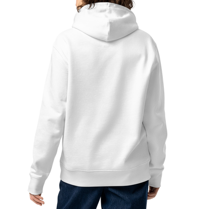 Person wearing a white organic hoodie for swimmers on a white background