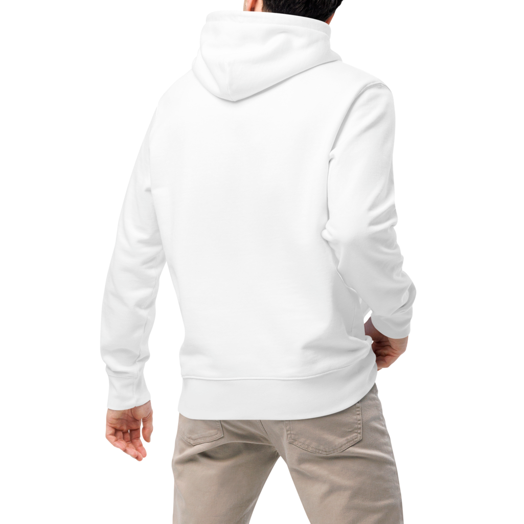 Person wearing a white organic hoodie and beige pants on a white background