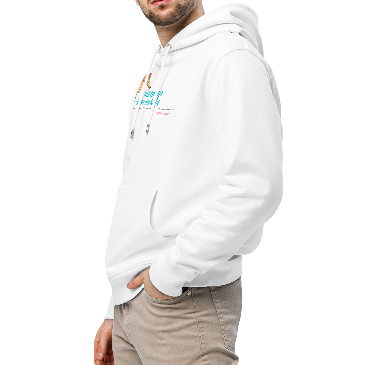 Man wearing a white organic hoodie for swimmers on a white background