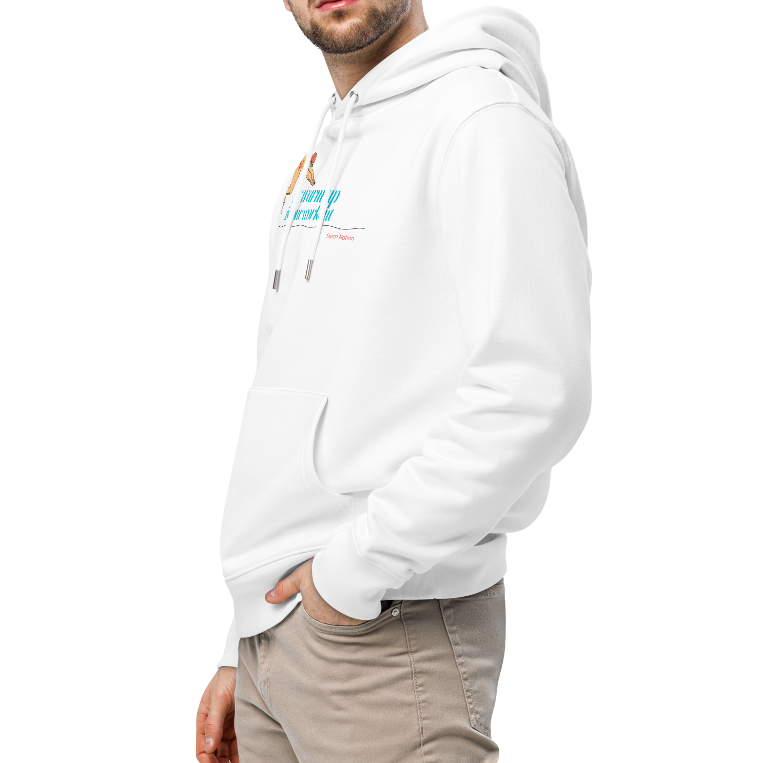 Man wearing a white organic hoodie for swimmers on a white background