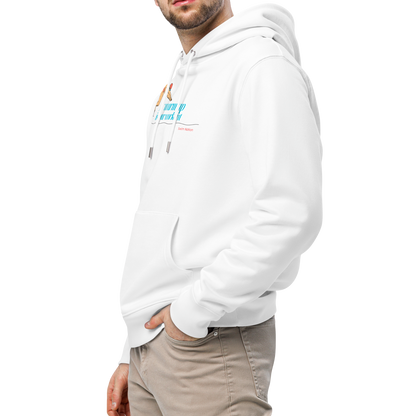 Man wearing a white organic hoodie for swimmers on a white background