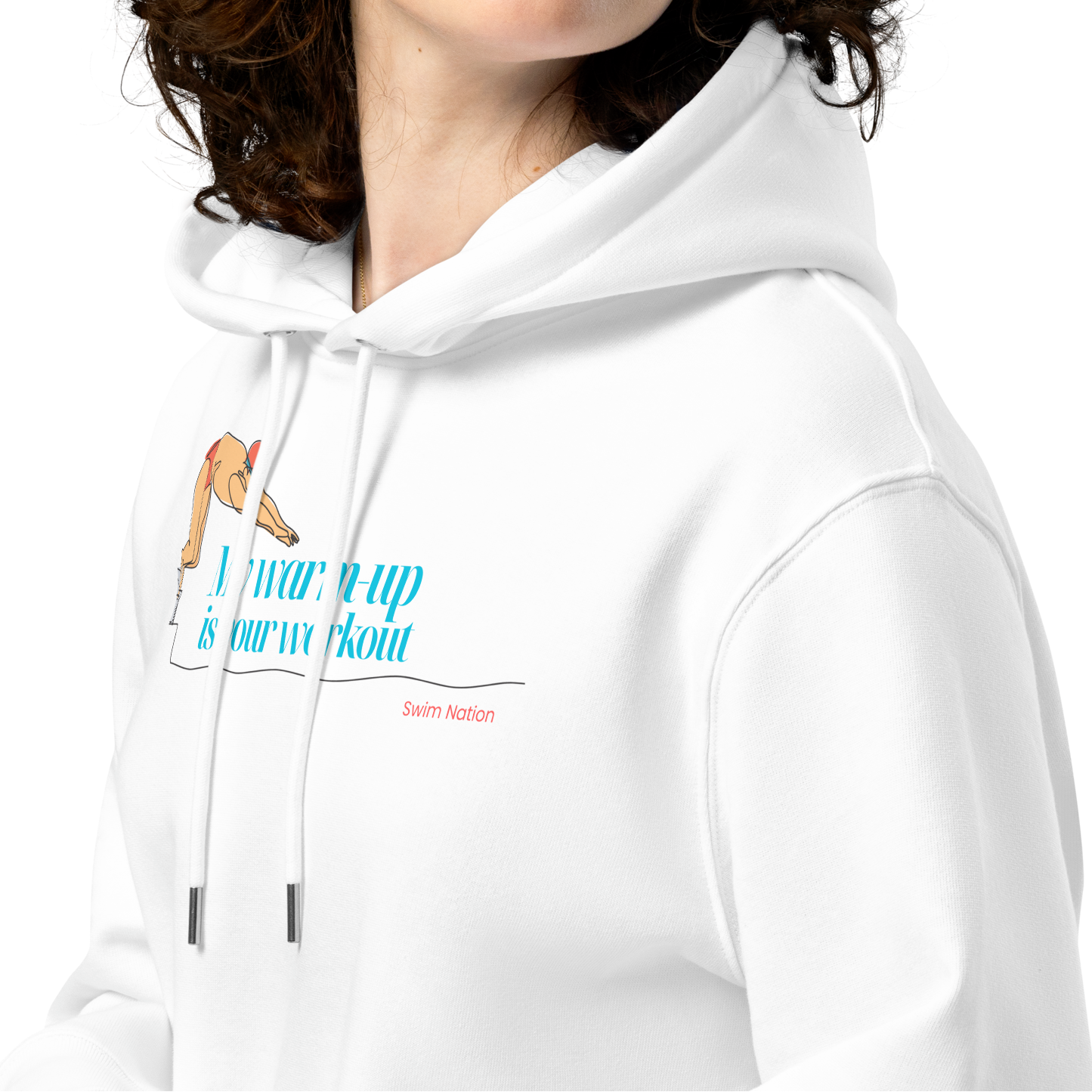 young girl wearing a white organic hoodie for swimmers with a diving block graphic and teal script reading "My Warm-Up Is Your Workout" — Lane Line Threads Swim Nation