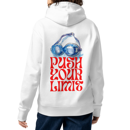 Person wearing a white organic hoodie designed for post-swim warm-up and featuring watercolor swim goggles and bold red retro lettering reading "Push Your Limit" — Lane Line Threads