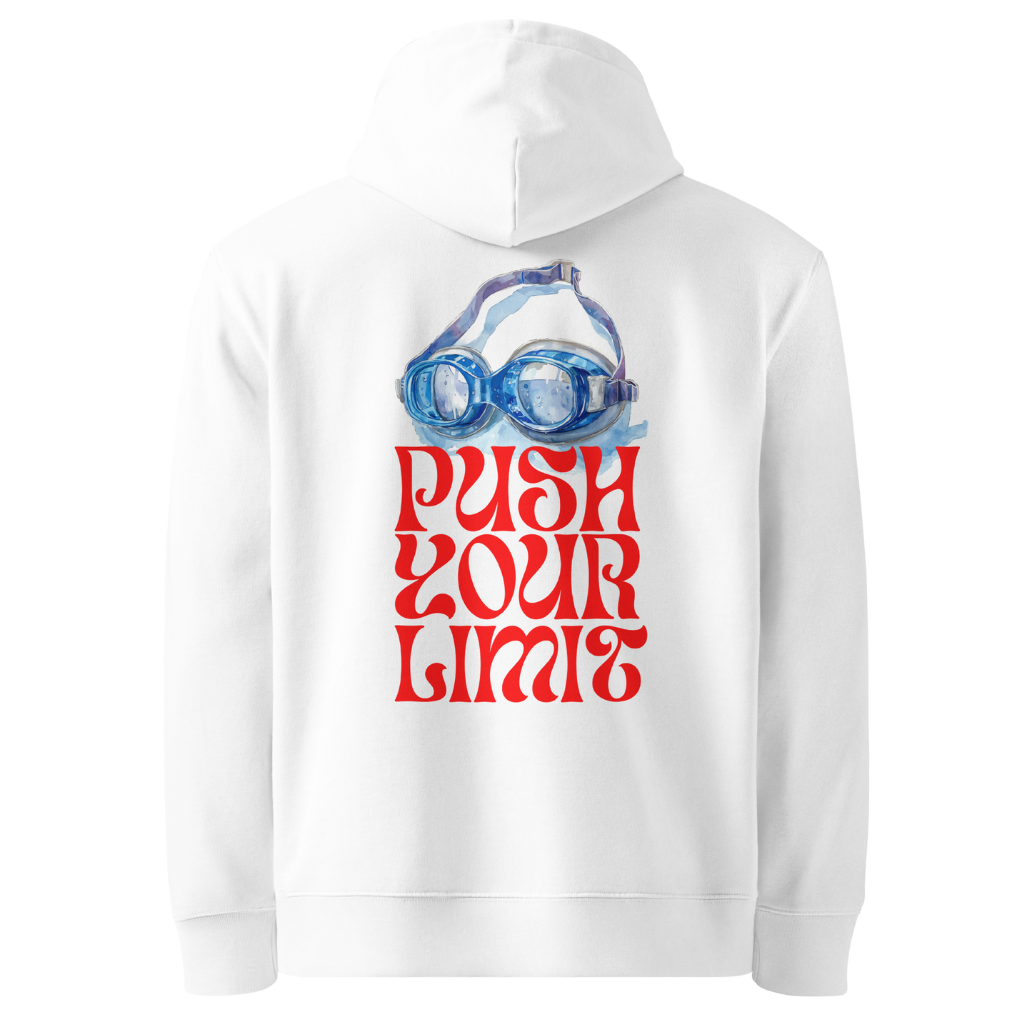 Organic hoodie with blue swimming goggles and "Push Your Limit" design on the back.