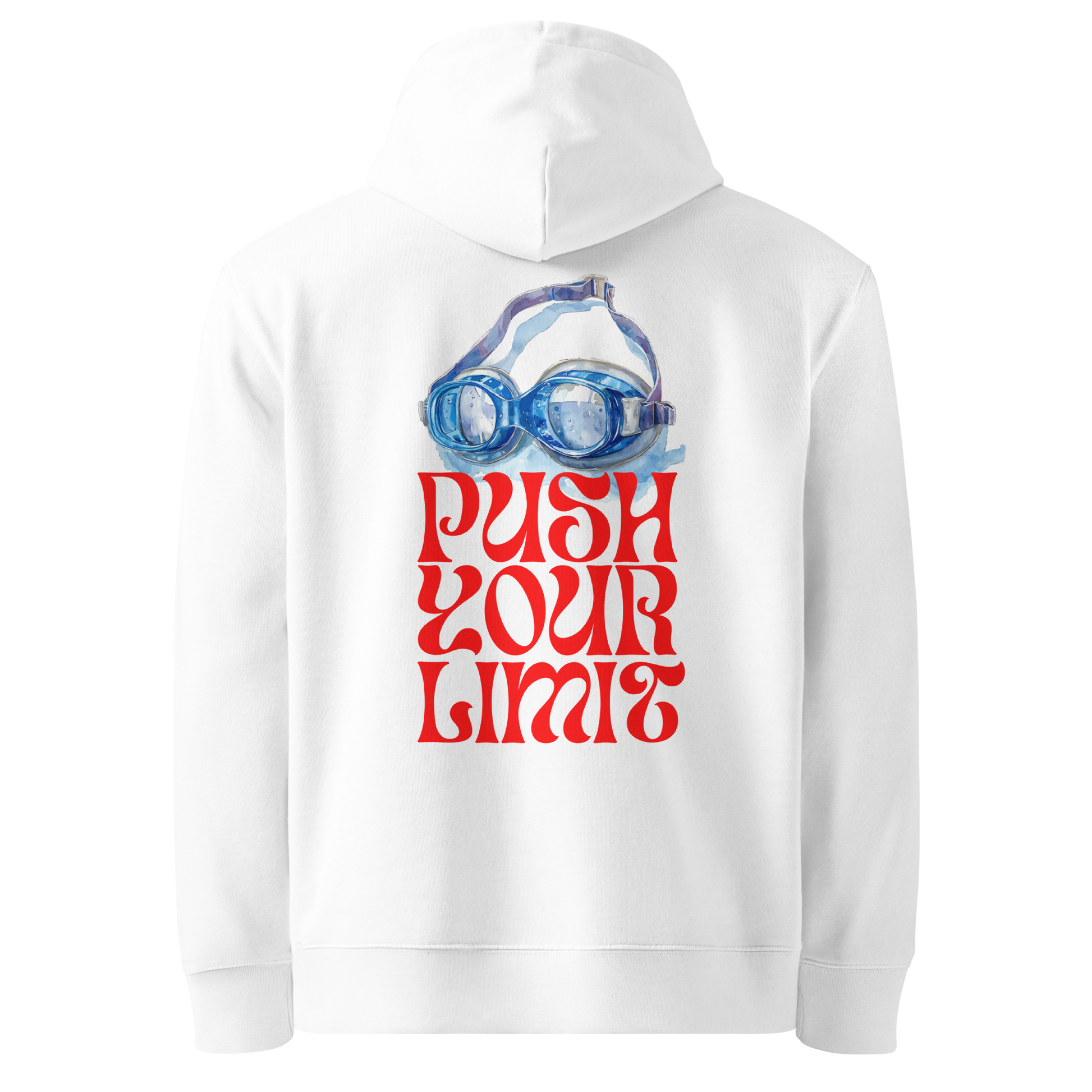 Organic hoodie with blue swimming goggles and "Push Your Limit" design on the back.