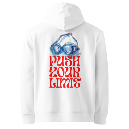 Organic hoodie with blue swimming goggles and "Push Your Limit" design on the back.