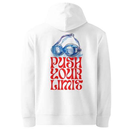 Organic hoodie with blue swimming goggles and "Push Your Limit" design on the back.