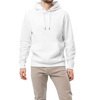 Man wearing a white organic hoodie for swimmers featuring watercolor swim goggles and bold red retro lettering reading "Push Your Limit" — Lane Line Threads