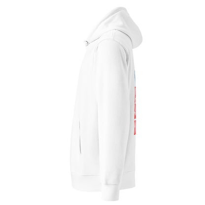 White organic hoodie with swim themed text and black logo on a white background