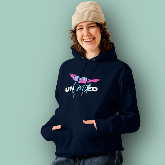 Person wearing a navy certified organic hoodie with a colorful swim themed graphic and text against a light green background