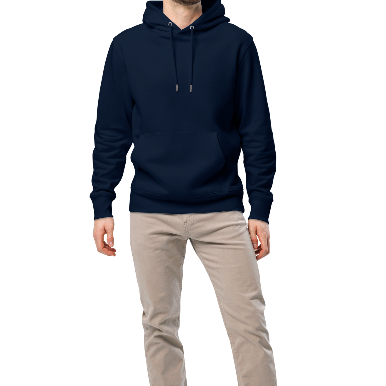 Man wearing a navy blue certified swim dad organic hoodie with a Lane Line Threads logo on a white background