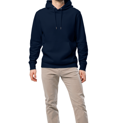 Man wearing a navy blue certified swim dad organic hoodie with a Lane Line Threads logo on a white background