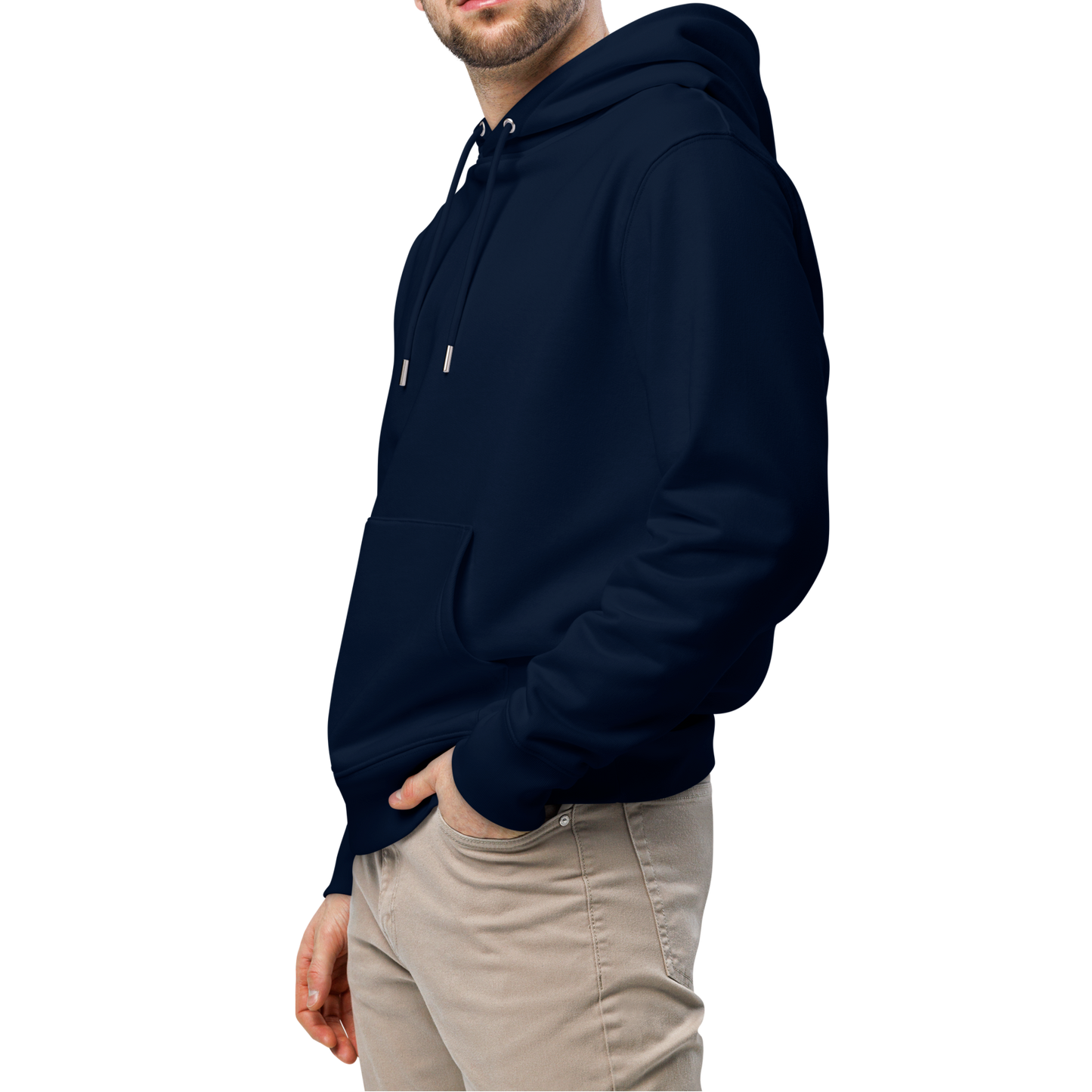 Man wearing a navy certified organic hoodie with a Lane Line Threads logo on a white background