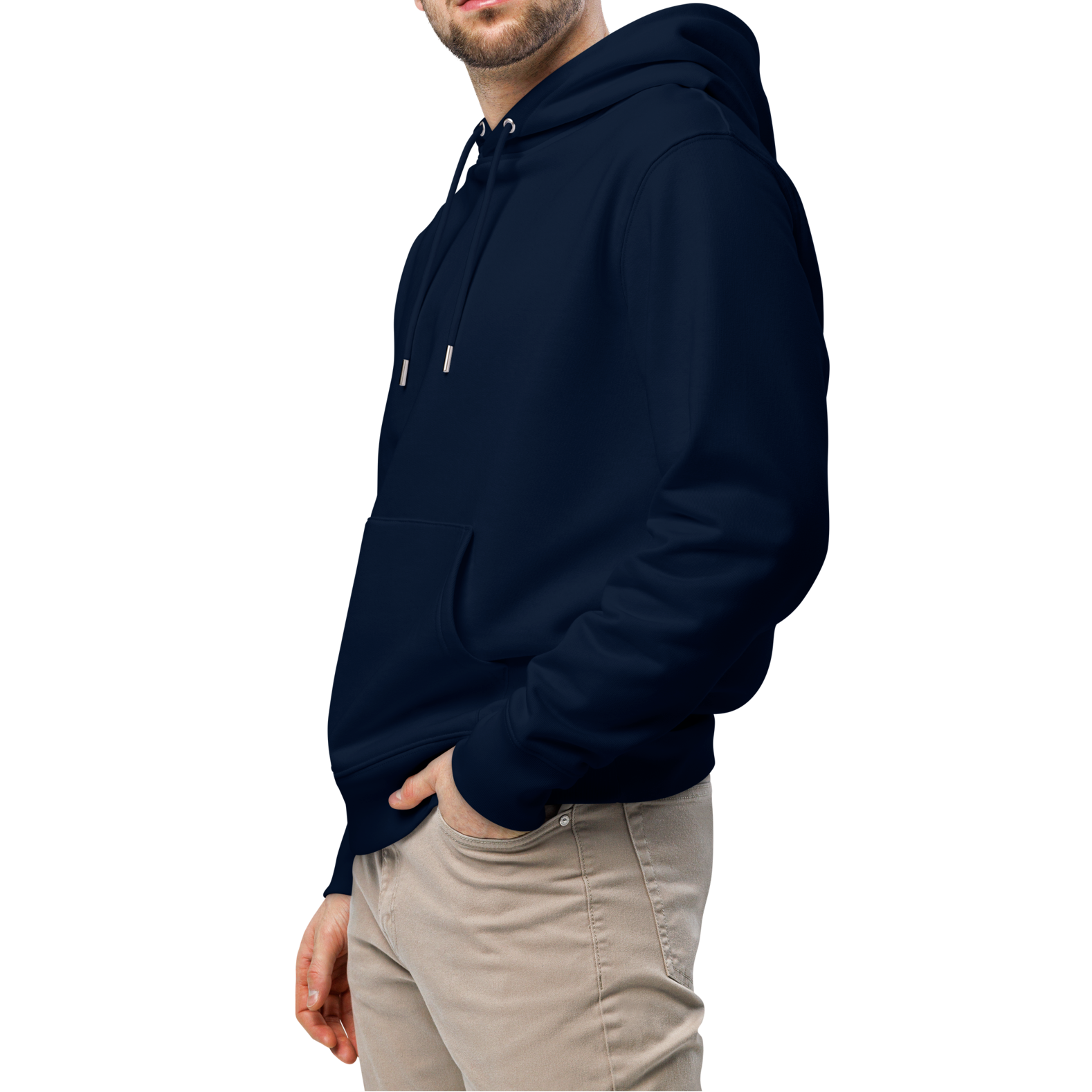 Man wearing a navy certified organic hoodie with a Lane Line Threads logo on a white background