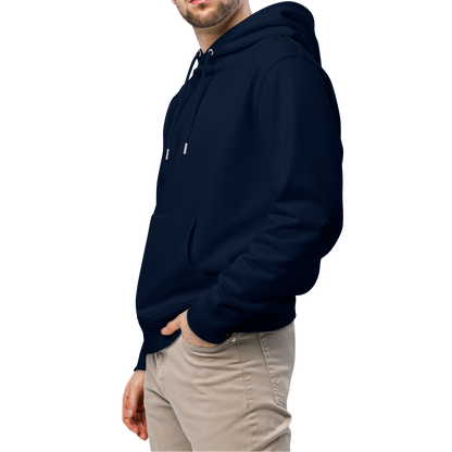 Man wearing a navy certified organic hoodie with a Lane Line Threads logo on a white background