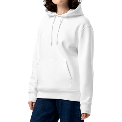 Person wearing a white organic hoodie for swimmers on a white background